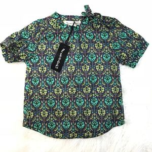 PEAS AND QUEUES GIRLS FLORAL SHIRT GREEN"NWT" TIE